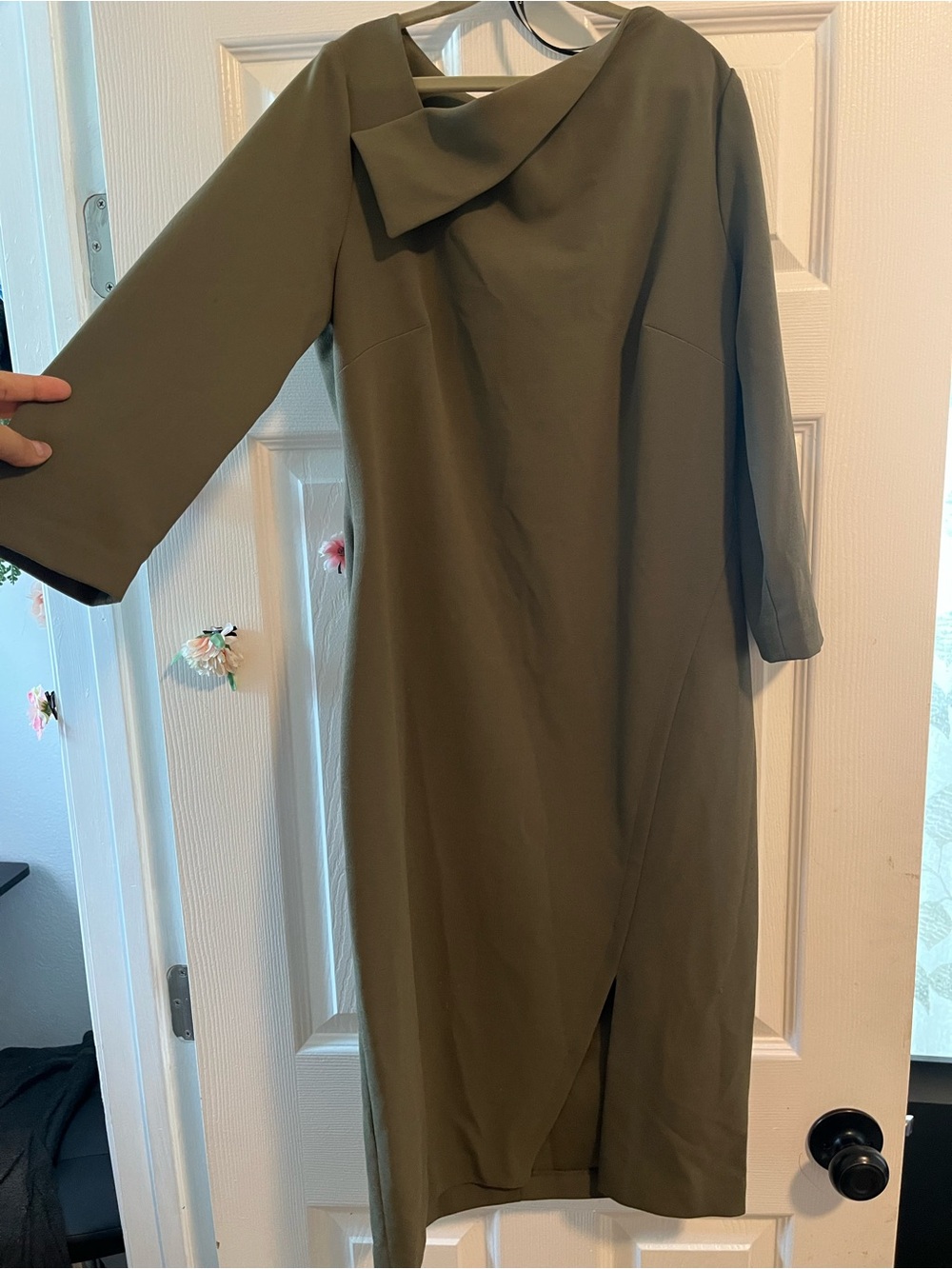 Calvin Klein Olive Midi Dress with Draped Neck